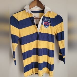 Hollister Navy Yellow Stripe Rugby Polo Shirt Women Size Medium Preppy College